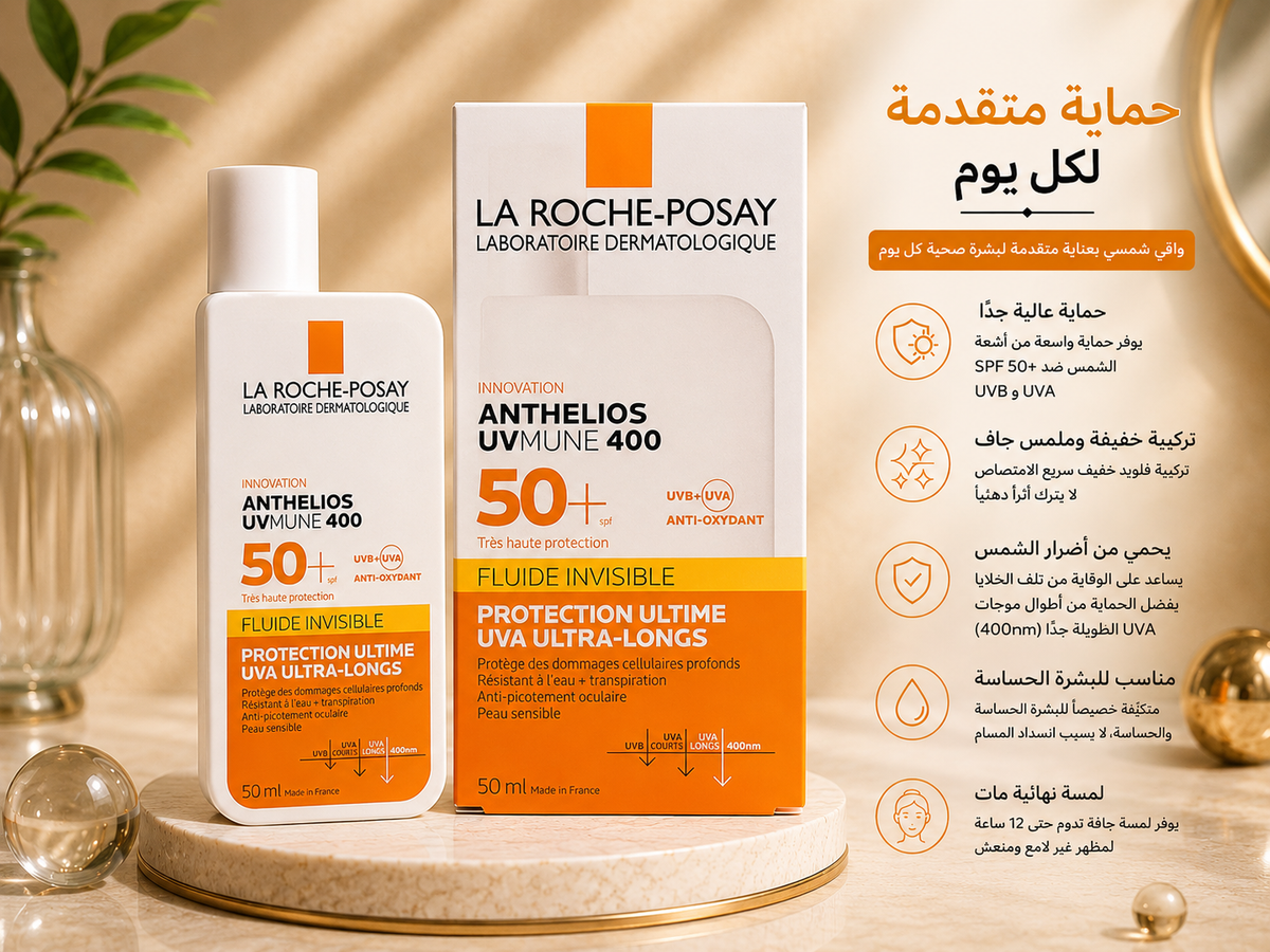 La Roche-Posay Anthelios UVMune 400 SPF50+ Invisible Fluid 50ml – واقي شمس للبشرة الحساسة ☀️🧡