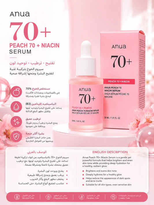 Anua Peach 70 + Niacin Brightening Serum – 30ml ، سيروم أنوا خوخ 70% + نياسين للتفتيح والنضارة – 30 مل